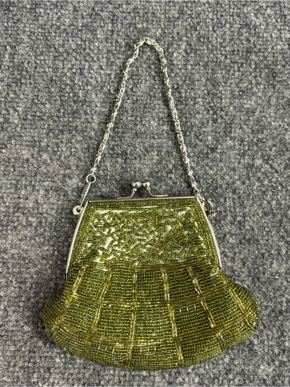 Bijoux Terner Beaded Olive Green Evening Handbag with Silver Chain